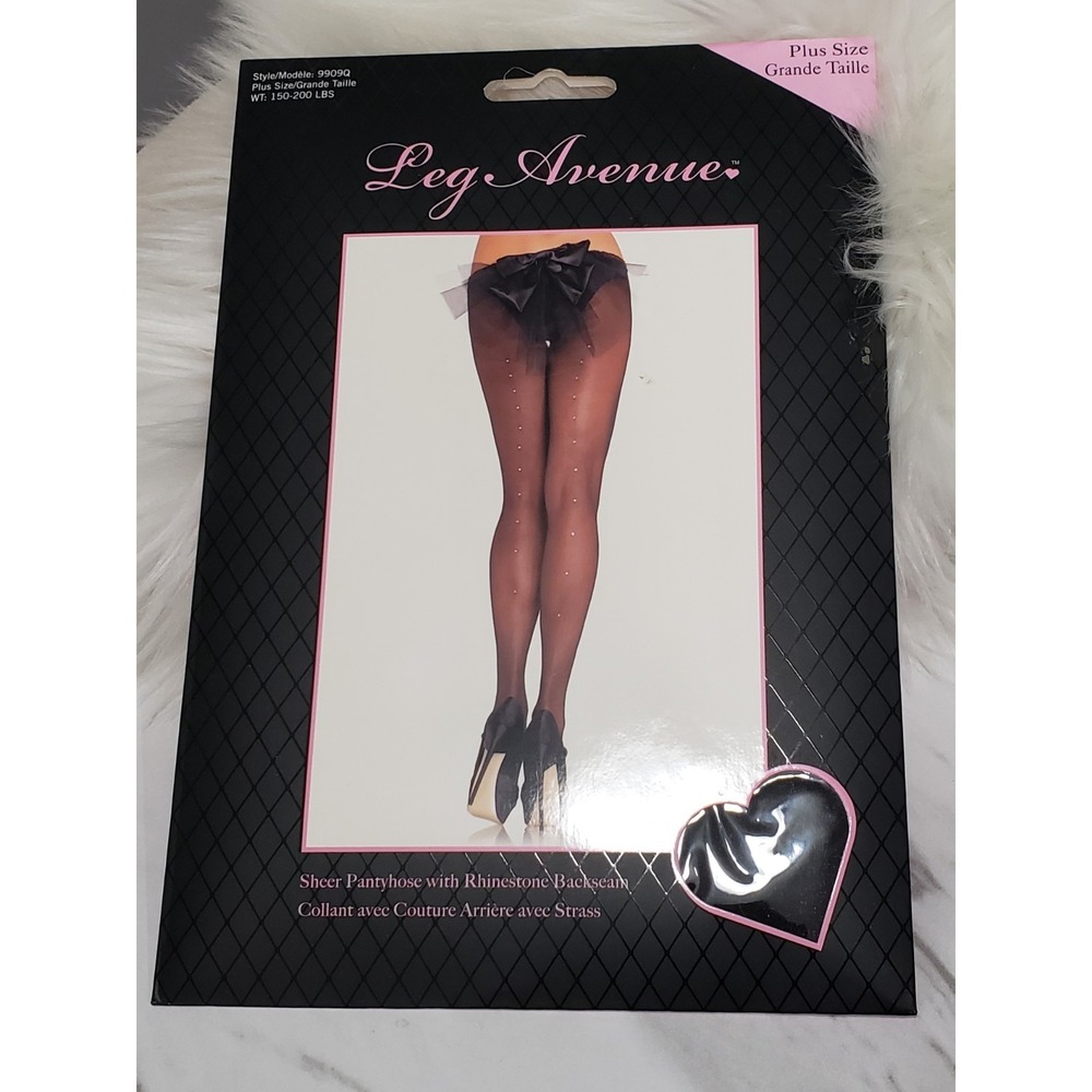 Leg Avenue Sheer Black Pantyhose With Rhinestone Backseam PLUS SIZE 150-200LBS